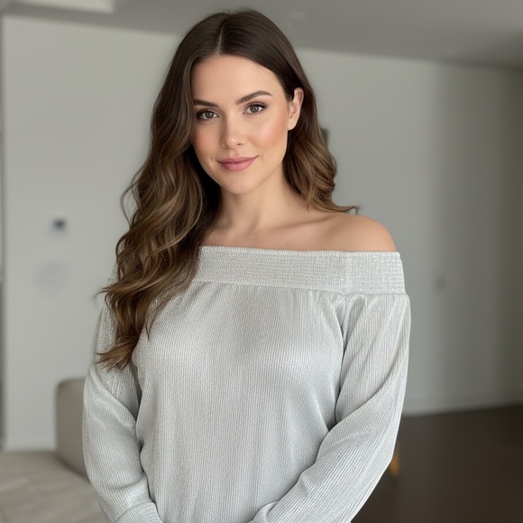 Anthropologie Lulumari shimmer silver elastic on off shoulder pleat blouse sz LG - Picture 2 of 15